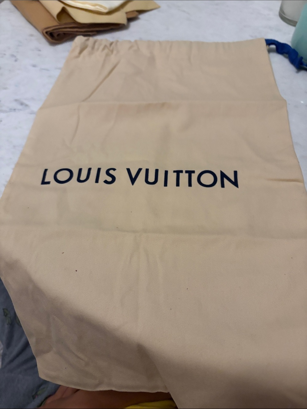 Louis Vuitton Beige Drawstring Dust Bag with Navy Logo